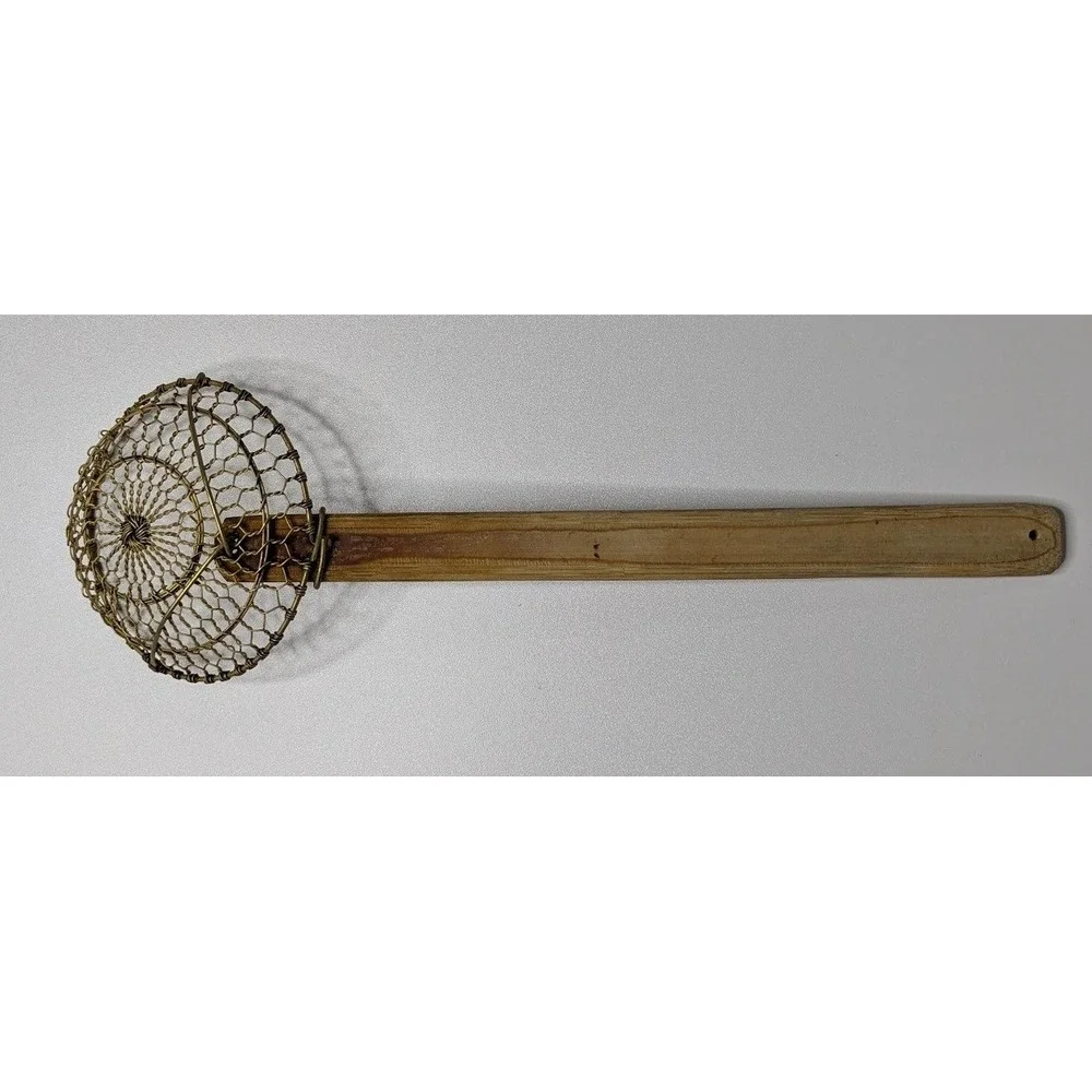 Bamboo‑Handled Wire Skimmer – Hex Mesh Stainless Strainer Vintage